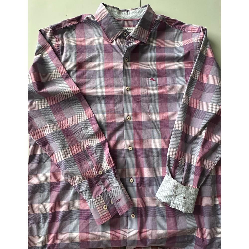 Tommy Bahama Sarasota Stretch Shirt XL Mens Purple Plaid Coolmax Long Sleeve